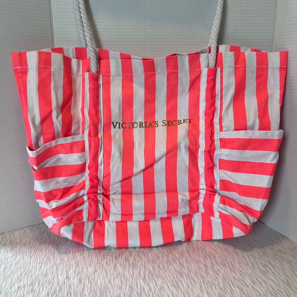 Victoria’s Secret - Coral/White Stripes Beach Bag W/ Rope Straps - Travel Tote
